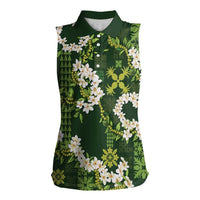 Mokihana Maile and Ilima Leis Women Sleeveless Polo Shirt Omaʻomaʻo Hawaiian Tapa Quilt Pattern LT9 Female Green - Polynesian Pride