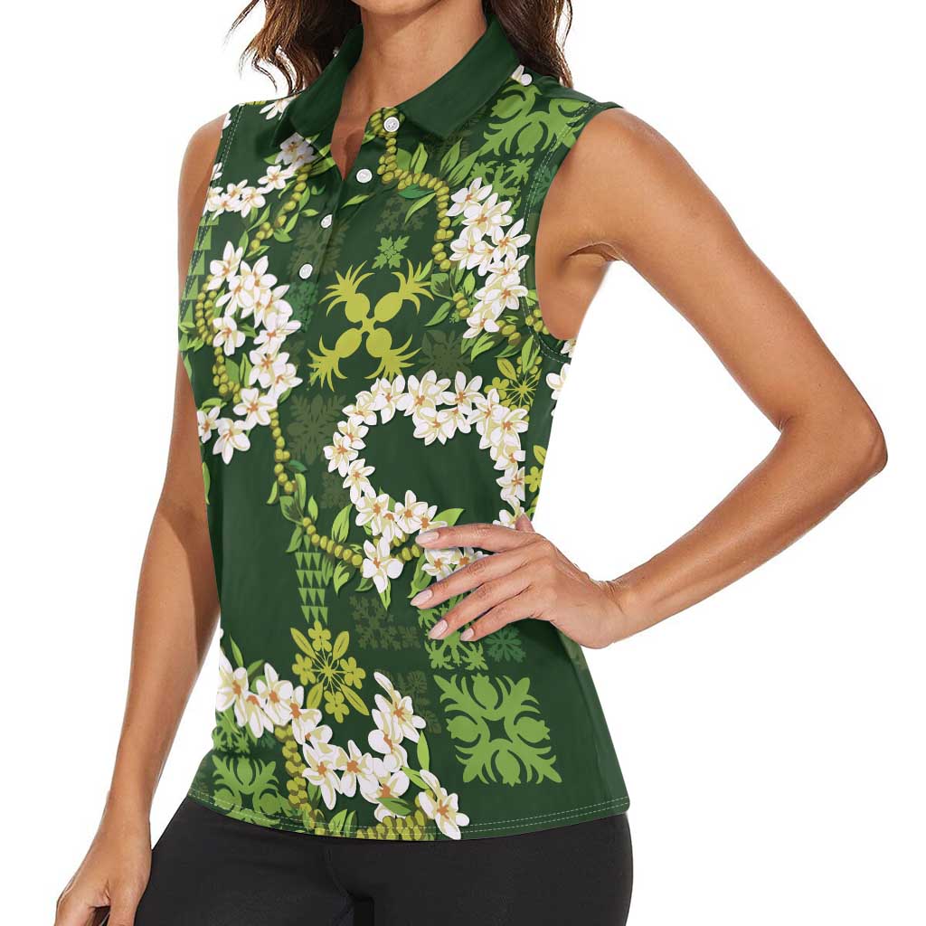Mokihana Maile and Ilima Leis Women Sleeveless Polo Shirt Omaʻomaʻo Hawaiian Tapa Quilt Pattern LT9 - Polynesian Pride