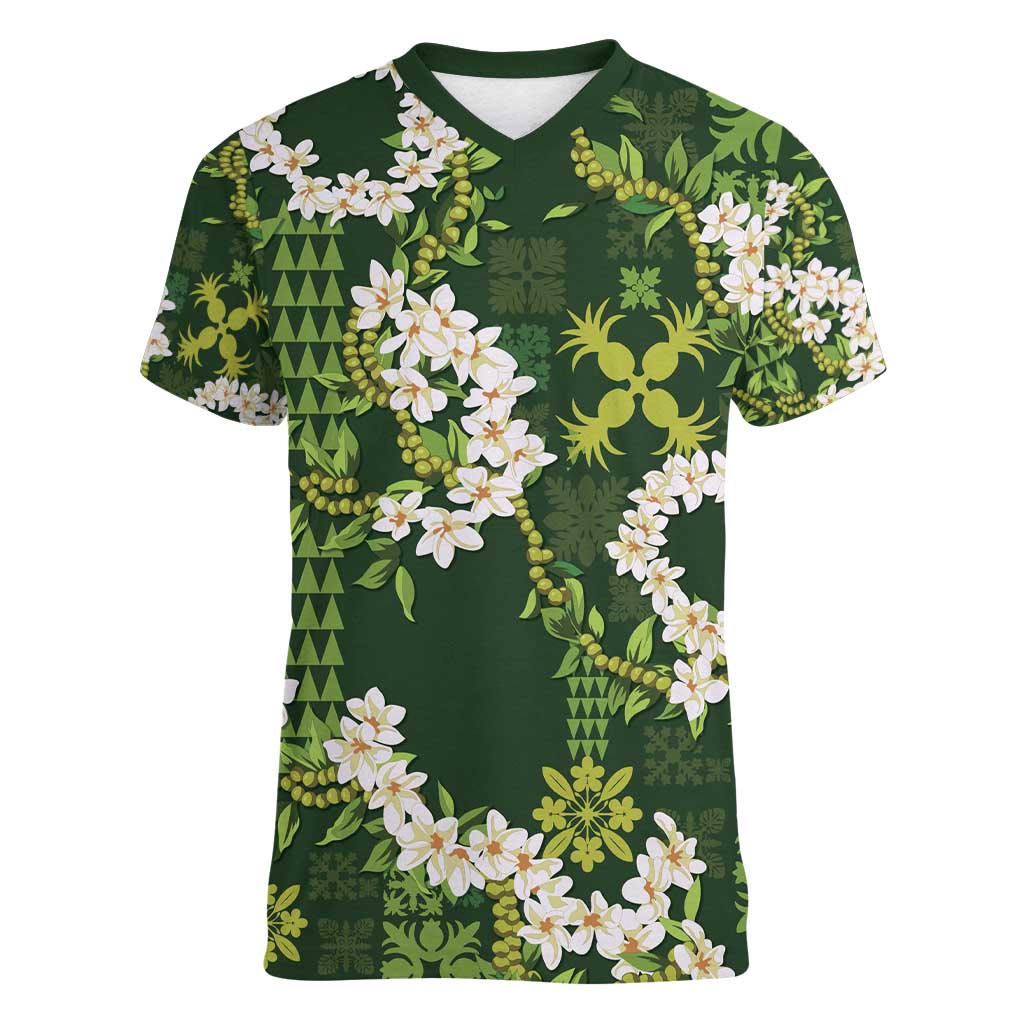 Mokihana Maile and Ilima Leis Women V-Neck T-Shirt Omaʻomaʻo Hawaiian Tapa Quilt Pattern - Polynesian Pride