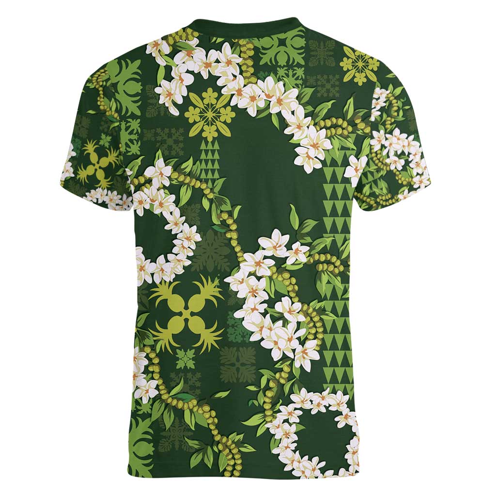 Mokihana Maile and Ilima Leis Women V-Neck T-Shirt Omaʻomaʻo Hawaiian Tapa Quilt Pattern LT9 - Polynesian Pride