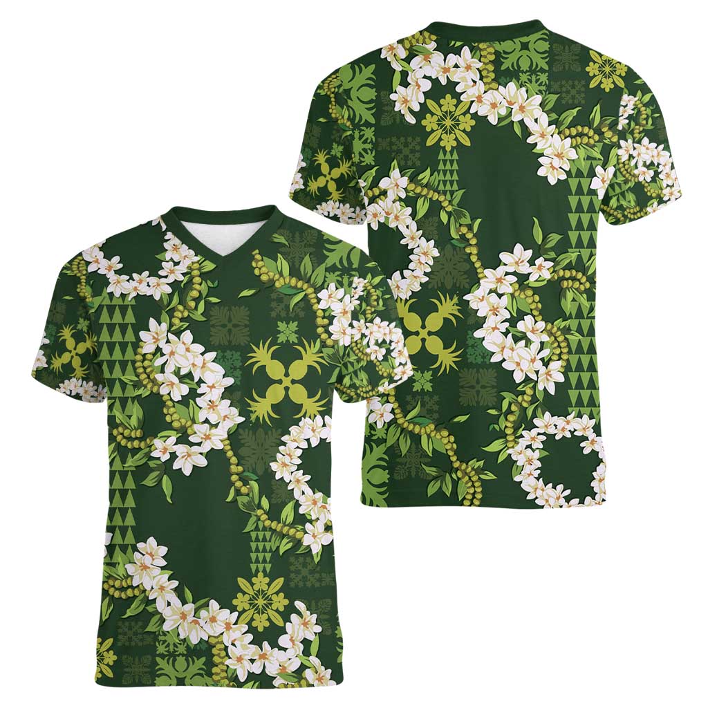 Mokihana Maile and Ilima Leis Women V-Neck T-Shirt Omaʻomaʻo Hawaiian Tapa Quilt Pattern LT9 - Polynesian Pride