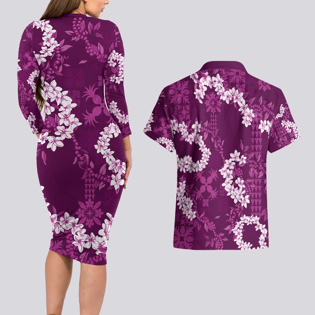 Mokihana Maile and Ilima Leis Couples Matching Long Sleeve Bodycon Dress and Hawaiian Shirt Akala Hawaiian Tapa Quilt Pattern LT9 - Polynesian Pride