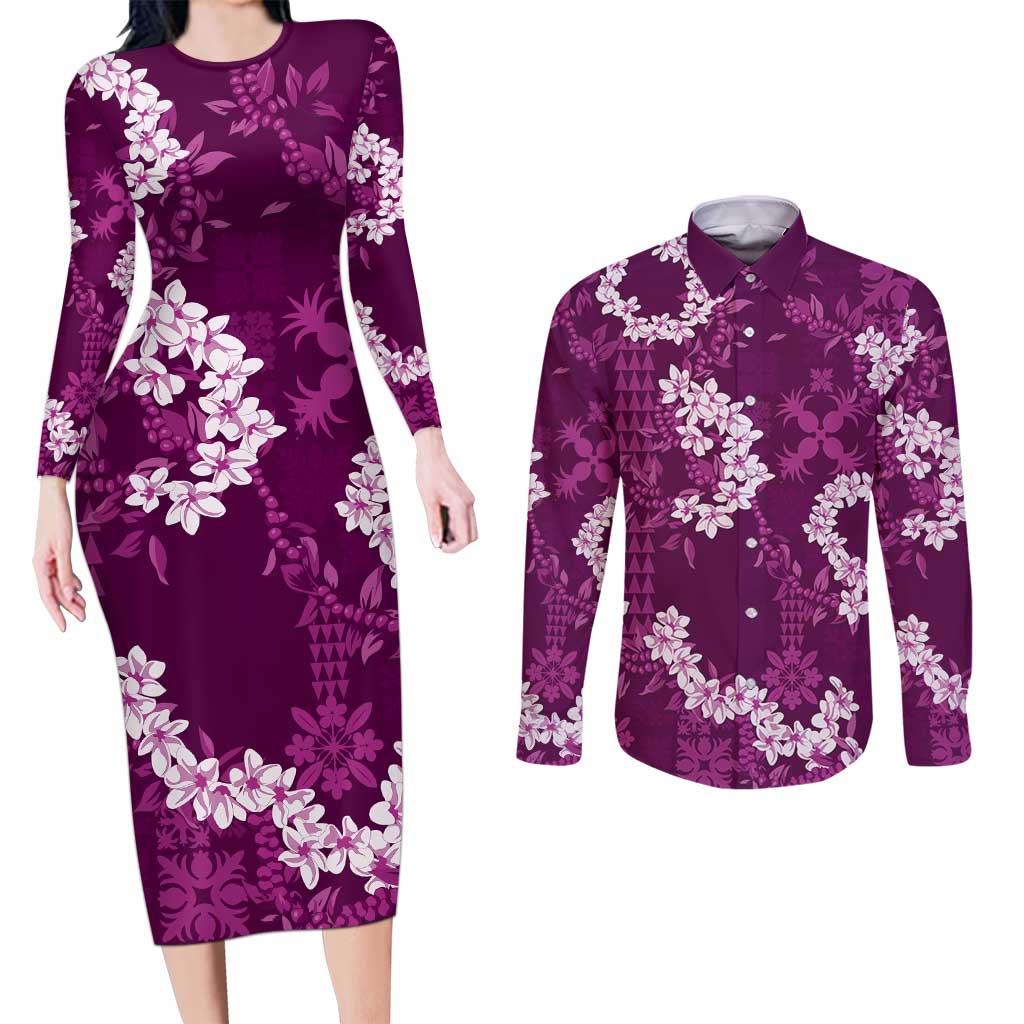Mokihana Maile and Ilima Leis Couples Matching Long Sleeve Bodycon Dress and Long Sleeve Button Shirt Akala Hawaiian Tapa Quilt Pattern LT9 Pink - Polynesian Pride