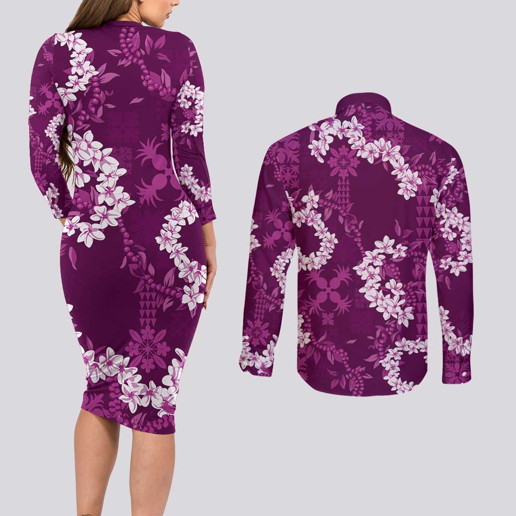 Mokihana Maile and Ilima Leis Couples Matching Long Sleeve Bodycon Dress and Long Sleeve Button Shirt Akala Hawaiian Tapa Quilt Pattern LT9 - Polynesian Pride