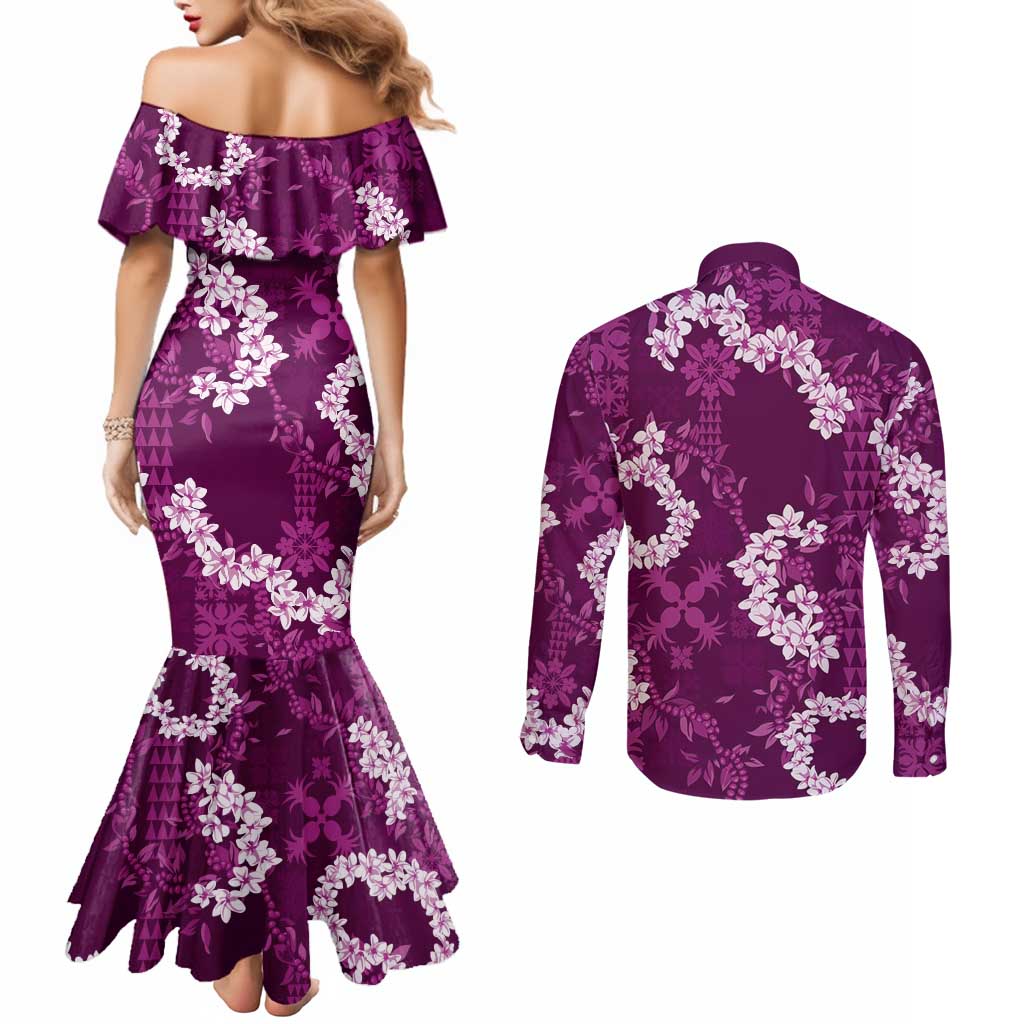 Mokihana Maile and Ilima Leis Couples Matching Mermaid Dress and Long Sleeve Button Shirt Akala Hawaiian Tapa Quilt Pattern LT9 - Polynesian Pride