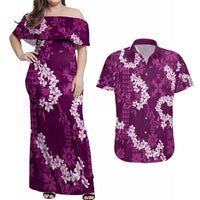 Mokihana Maile and Ilima Leis Couples Matching Off Shoulder Maxi Dress and Hawaiian Shirt Akala Hawaiian Tapa Quilt Pattern LT9 Pink - Polynesian Pride