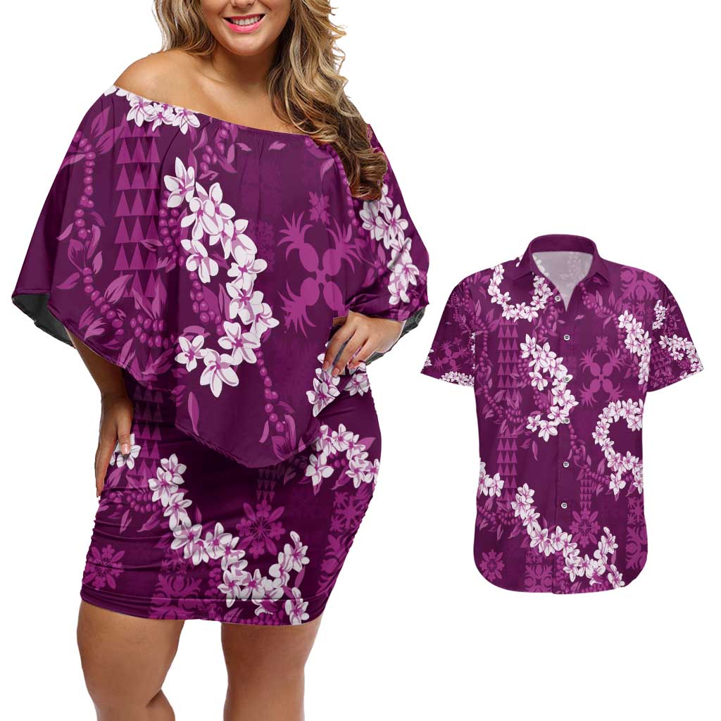 Mokihana Maile and Ilima Leis Couples Matching Off Shoulder Short Dress and Hawaiian Shirt Akala Hawaiian Tapa Quilt Pattern LT9 Pink - Polynesian Pride
