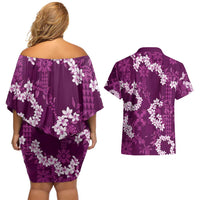Mokihana Maile and Ilima Leis Couples Matching Off Shoulder Short Dress and Hawaiian Shirt Akala Hawaiian Tapa Quilt Pattern LT9 - Polynesian Pride