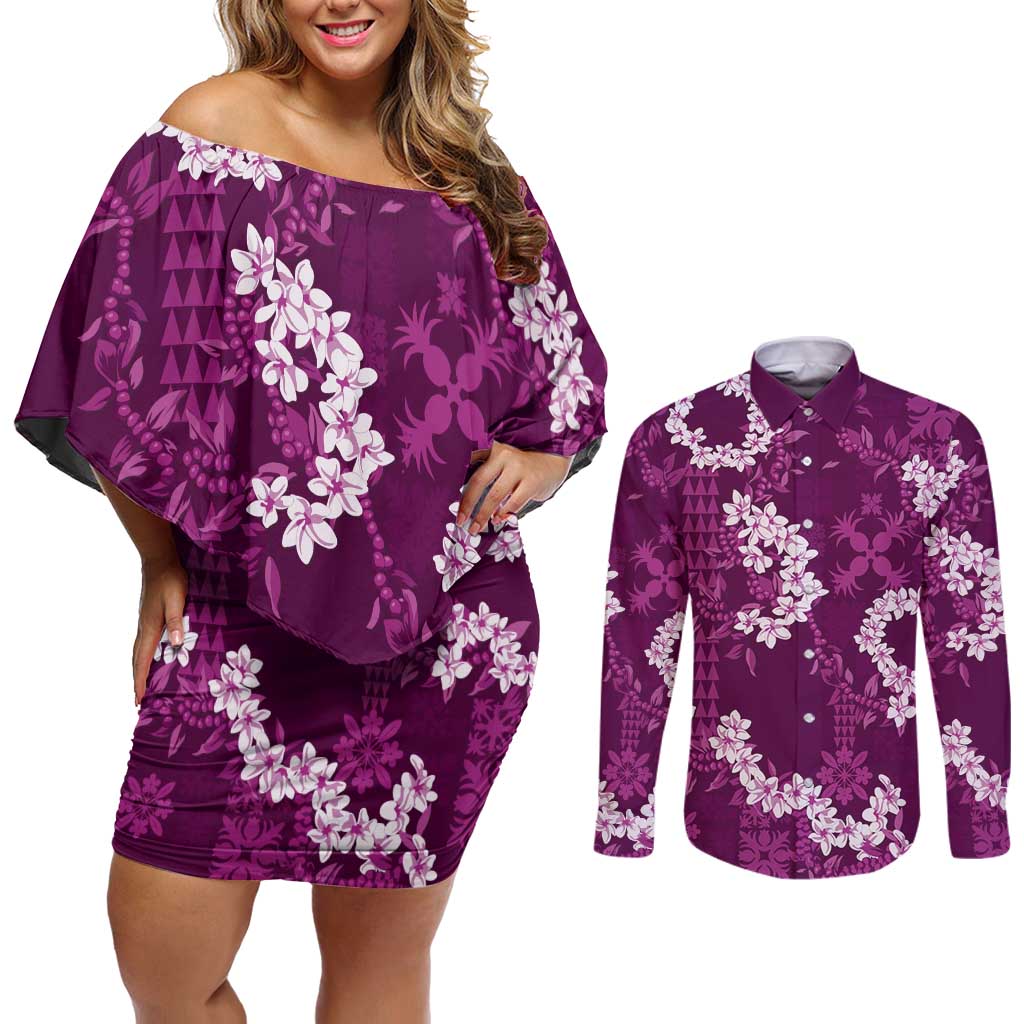 Mokihana Maile and Ilima Leis Couples Matching Off Shoulder Short Dress and Long Sleeve Button Shirt Akala Hawaiian Tapa Quilt Pattern LT9 Pink - Polynesian Pride