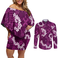 Mokihana Maile and Ilima Leis Couples Matching Off Shoulder Short Dress and Long Sleeve Button Shirt Akala Hawaiian Tapa Quilt Pattern LT9 Pink - Polynesian Pride