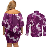Mokihana Maile and Ilima Leis Couples Matching Off Shoulder Short Dress and Long Sleeve Button Shirt Akala Hawaiian Tapa Quilt Pattern LT9 - Polynesian Pride
