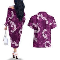 Mokihana Maile and Ilima Leis Couples Matching Off The Shoulder Long Sleeve Dress and Hawaiian Shirt Akala Hawaiian Tapa Quilt Pattern LT9 - Polynesian Pride