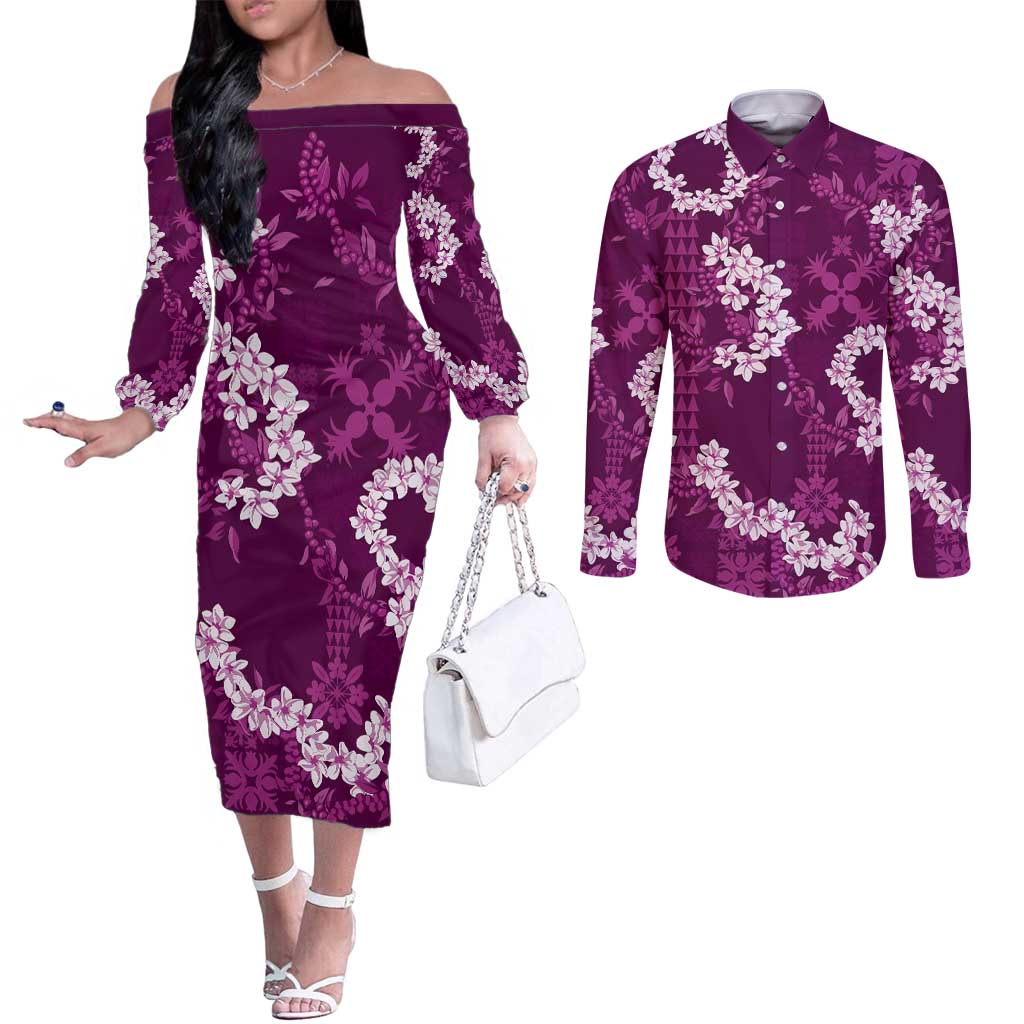 Mokihana Maile and Ilima Leis Couples Matching Off The Shoulder Long Sleeve Dress and Long Sleeve Button Shirt Akala Hawaiian Tapa Quilt Pattern LT9 Pink - Polynesian Pride