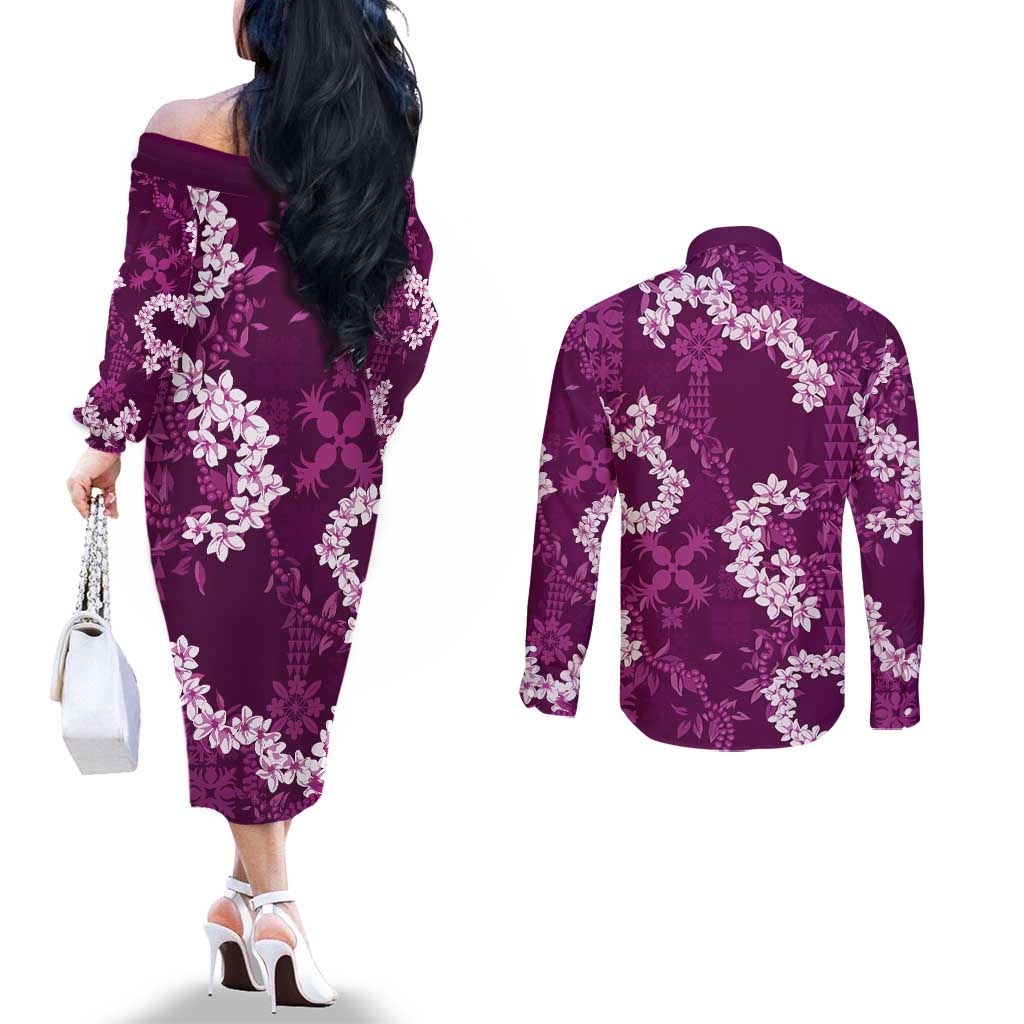 Mokihana Maile and Ilima Leis Couples Matching Off The Shoulder Long Sleeve Dress and Long Sleeve Button Shirt Akala Hawaiian Tapa Quilt Pattern LT9 - Polynesian Pride