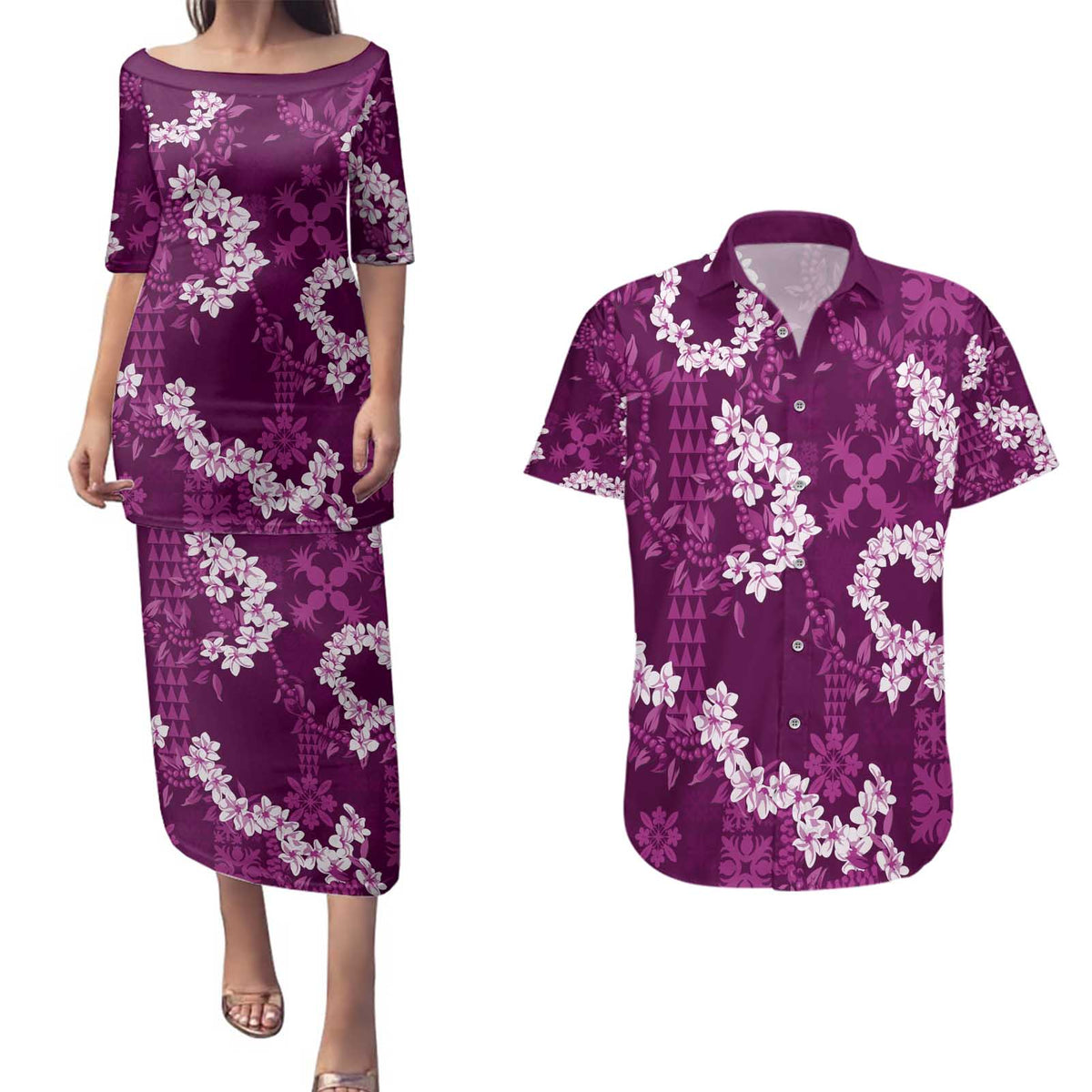Mokihana Maile and Ilima Leis Couples Matching Puletasi and Hawaiian Shirt Akala Hawaiian Tapa Quilt Pattern LT9 Pink - Polynesian Pride