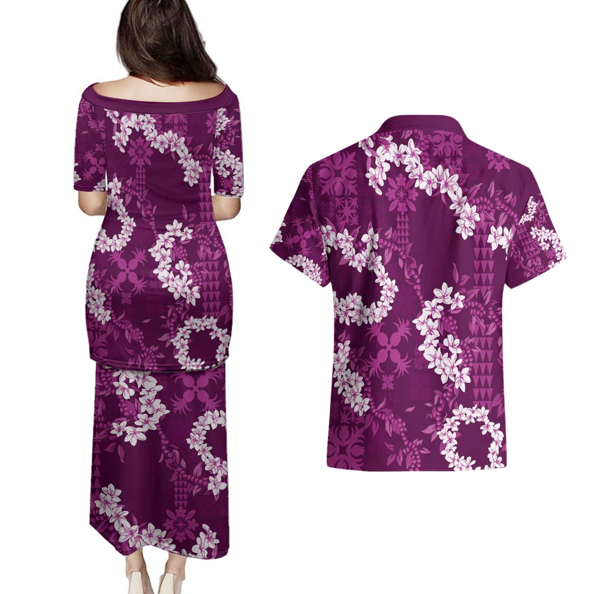 Mokihana Maile and Ilima Leis Couples Matching Puletasi and Hawaiian Shirt Akala Hawaiian Tapa Quilt Pattern LT9 - Polynesian Pride