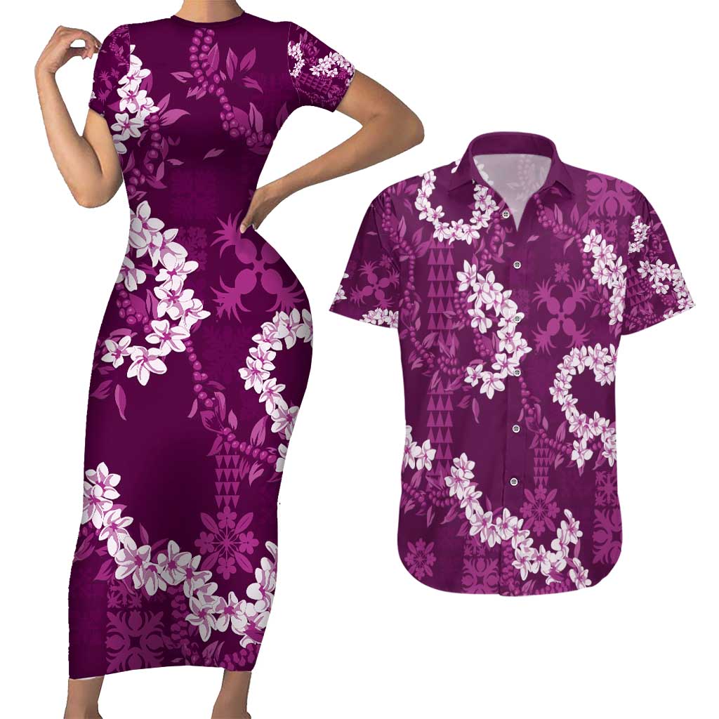 Mokihana Maile and Ilima Leis Couples Matching Short Sleeve Bodycon Dress and Hawaiian Shirt Akala Hawaiian Tapa Quilt Pattern LT9 Pink - Polynesian Pride