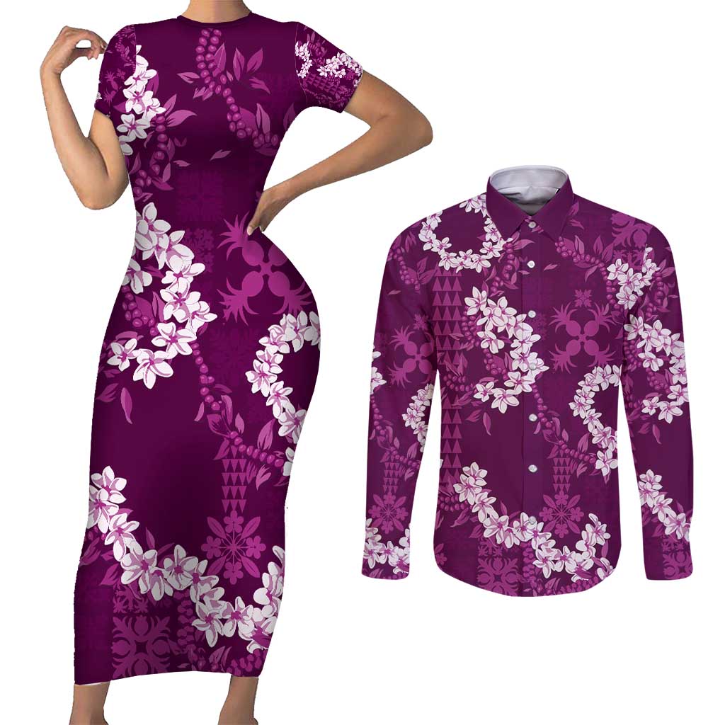 Mokihana Maile and Ilima Leis Couples Matching Short Sleeve Bodycon Dress and Long Sleeve Button Shirt Akala Hawaiian Tapa Quilt Pattern LT9 Pink - Polynesian Pride