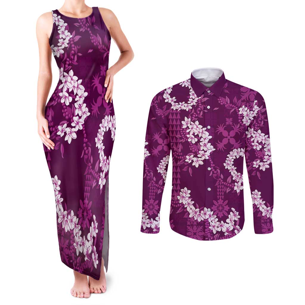 Mokihana Maile and Ilima Leis Couples Matching Tank Maxi Dress and Long Sleeve Button Shirt Akala Hawaiian Tapa Quilt Pattern LT9 Pink - Polynesian Pride