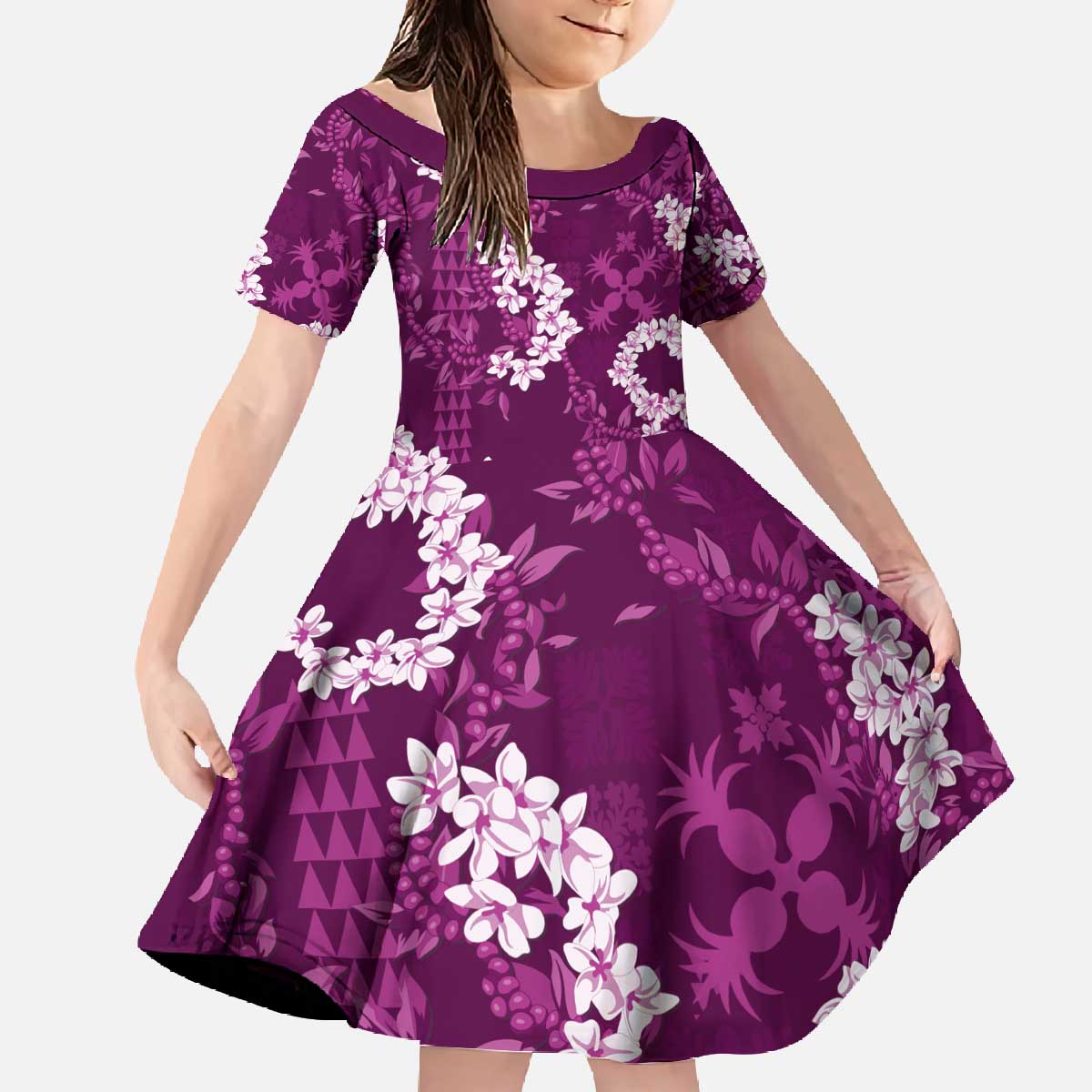 Mokihana Maile and Ilima Leis Family Matching Off The Shoulder Long Sleeve Dress and Hawaiian Shirt Akala Hawaiian Tapa Quilt Pattern LT9 Daughter's Dress Pink - Polynesian Pride