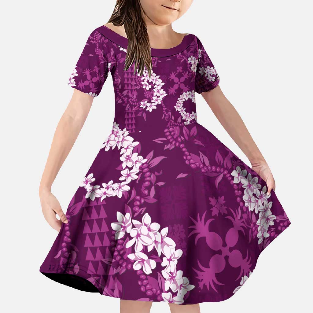 Mokihana Maile and Ilima Leis Family Matching Off Shoulder Maxi Dress and Hawaiian Shirt Akala Hawaiian Tapa Quilt Pattern LT9 Daughter's Dress Pink - Polynesian Pride