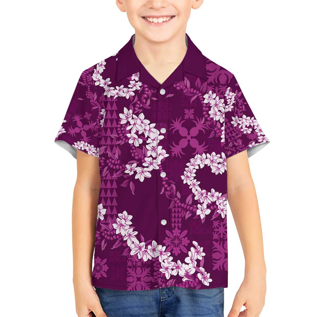 Mokihana Maile and Ilima Leis Family Matching Off Shoulder Maxi Dress and Hawaiian Shirt Akala Hawaiian Tapa Quilt Pattern LT9 Son's Shirt Pink - Polynesian Pride