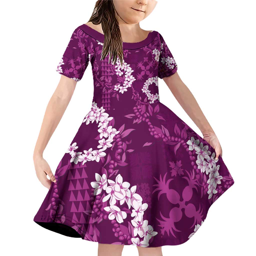 Mokihana Maile and Ilima Leis Family Matching Off Shoulder Short Dress and Hawaiian Shirt Akala Hawaiian Tapa Quilt Pattern LT9 Daughter's Dress Pink - Polynesian Pride