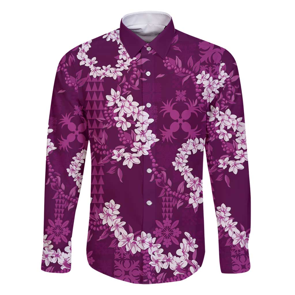 Mokihana Maile and Ilima Leis Family Matching Off Shoulder Short Dress and Hawaiian Shirt Akala Hawaiian Tapa Quilt Pattern LT9 Dad's Shirt - Long Sleeve Pink - Polynesian Pride