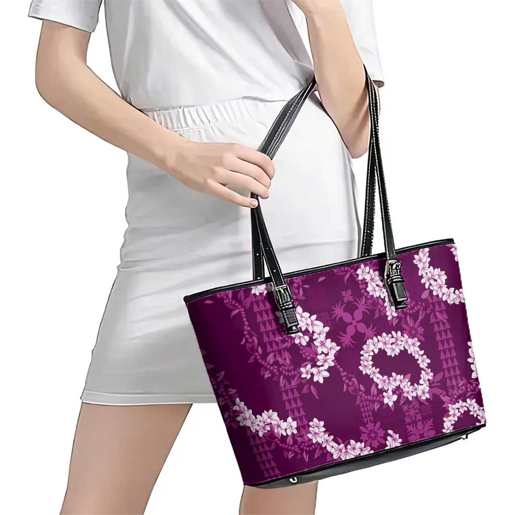 Mokihana Maile and Ilima Leis Leather Tote Bag Akala Hawaiian Tapa Quilt Pattern - Polynesian Pride