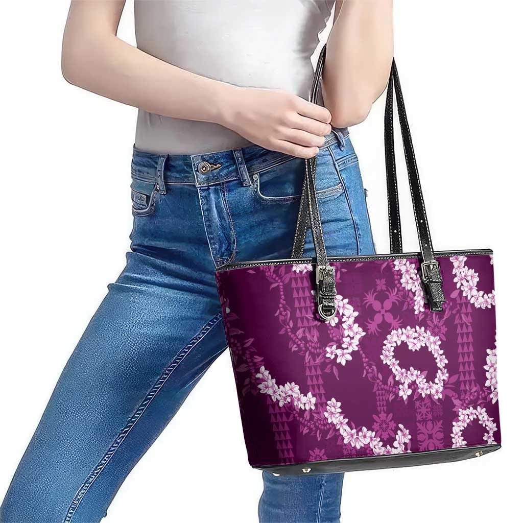 Mokihana Maile and Ilima Leis Leather Tote Bag Akala Hawaiian Tapa Quilt Pattern - Polynesian Pride