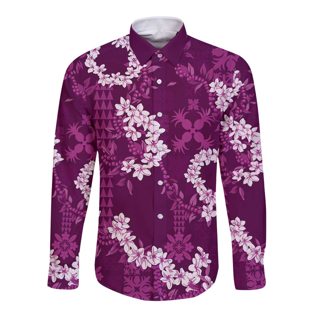 Mokihana Maile and Ilima Leis Long Sleeve Button Shirt Akala Hawaiian Tapa Quilt Pattern - Polynesian Pride