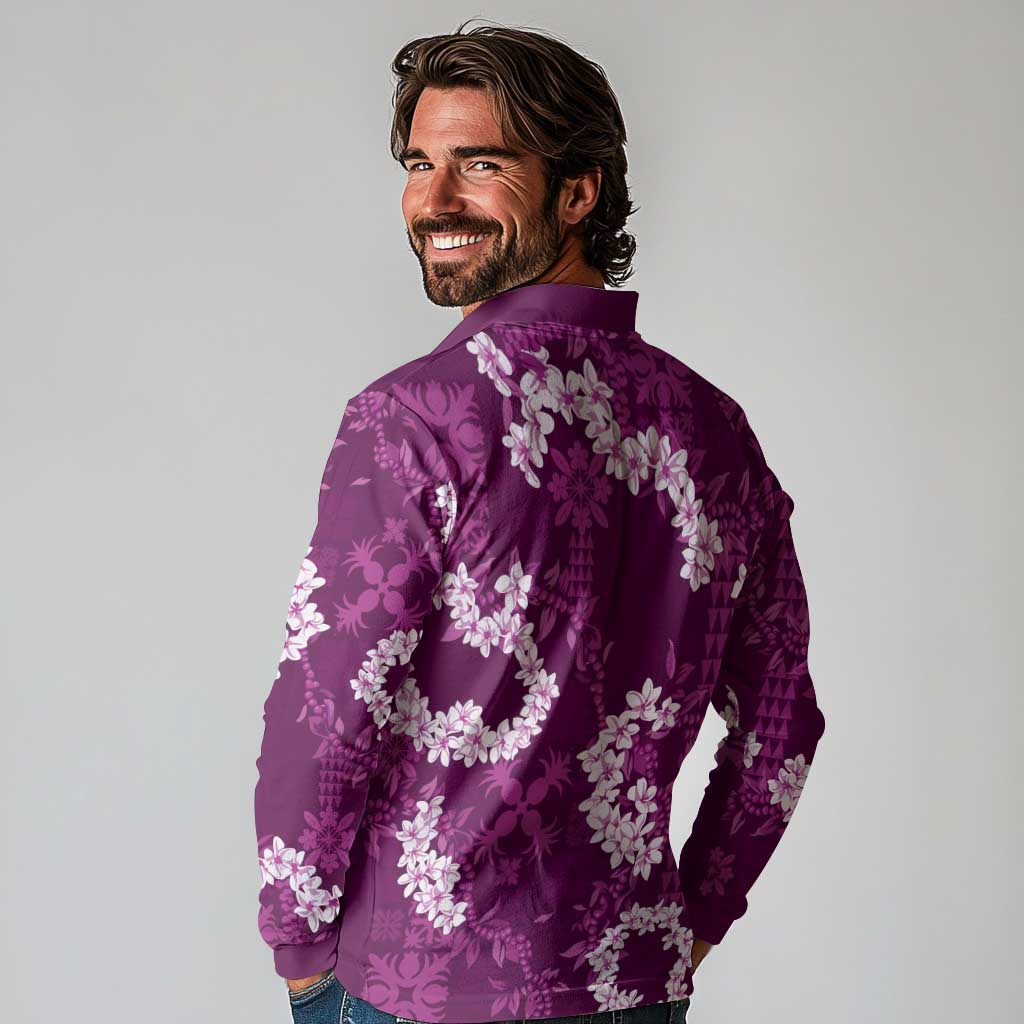 Mokihana Maile and Ilima Leis Long Sleeve Polo Shirt Akala Hawaiian Tapa Quilt Pattern - Polynesian Pride