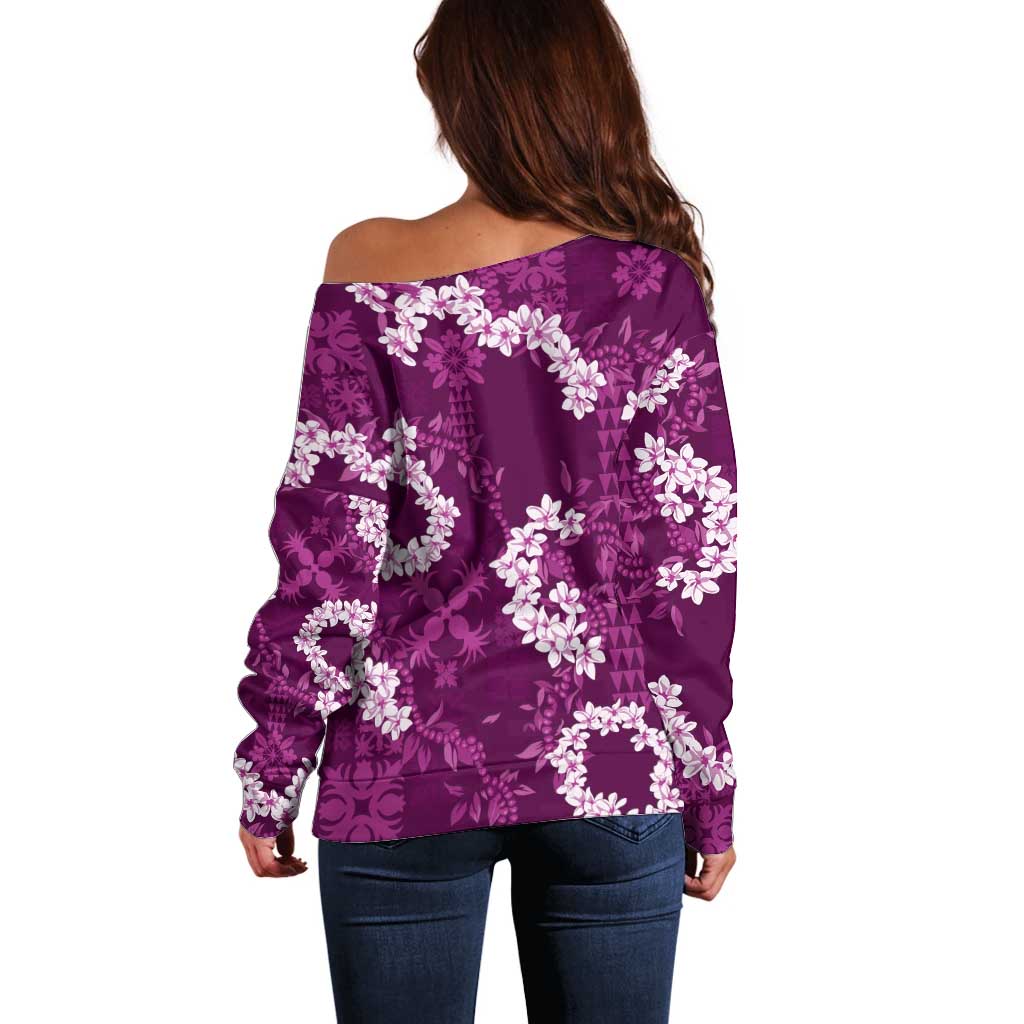 Mokihana Maile and Ilima Leis Off Shoulder Sweater Akala Hawaiian Tapa Quilt Pattern - Polynesian Pride