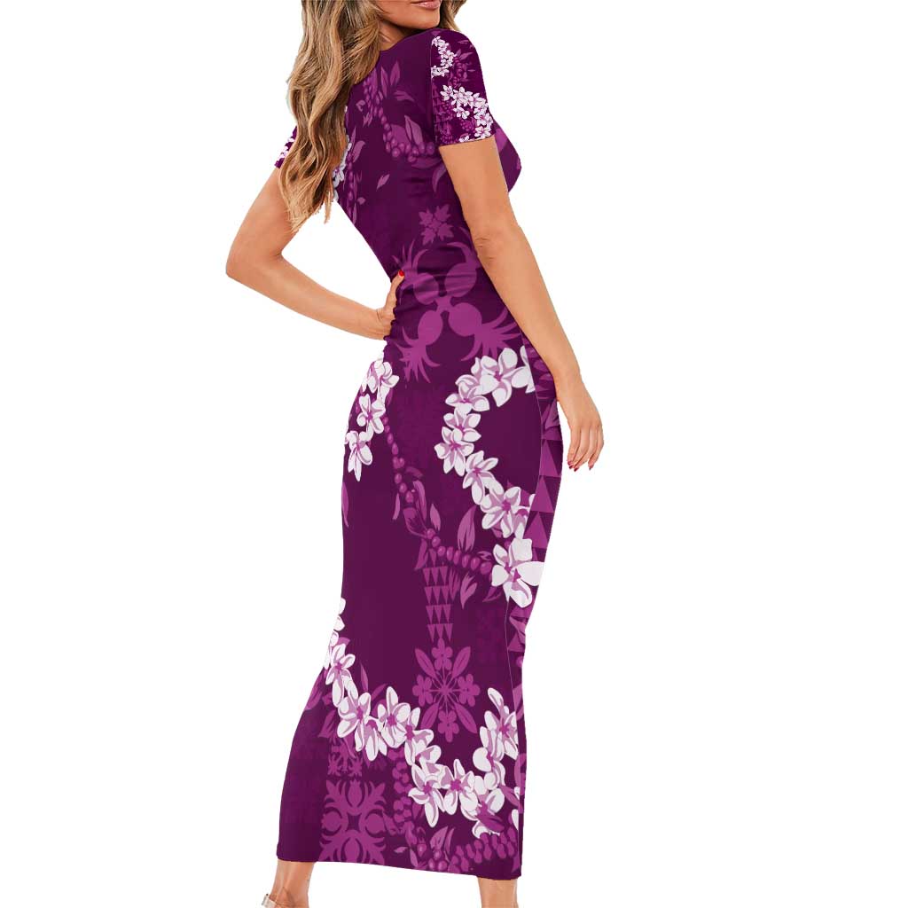 Mokihana Maile and Ilima Leis Short Sleeve Bodycon Dress Akala Hawaiian Tapa Quilt Pattern - Polynesian Pride