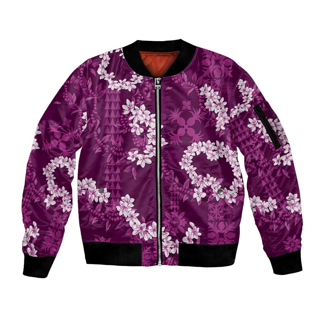 Mokihana Maile and Ilima Leis Sleeve Zip Bomber Jacket Akala Hawaiian Tapa Quilt Pattern LT9 Unisex Pink - Polynesian Pride