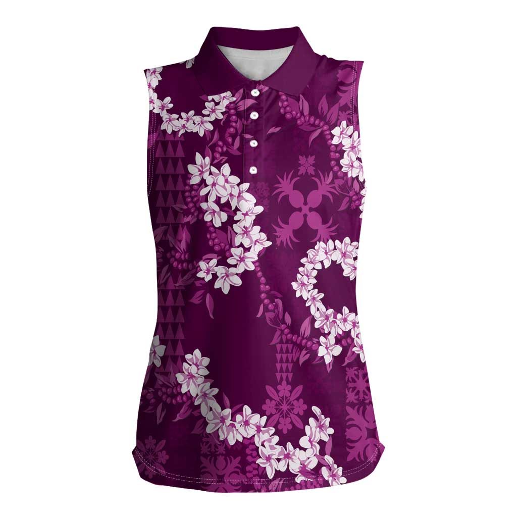Mokihana Maile and Ilima Leis Women Sleeveless Polo Shirt Akala Hawaiian Tapa Quilt Pattern LT9 Female Pink - Polynesian Pride