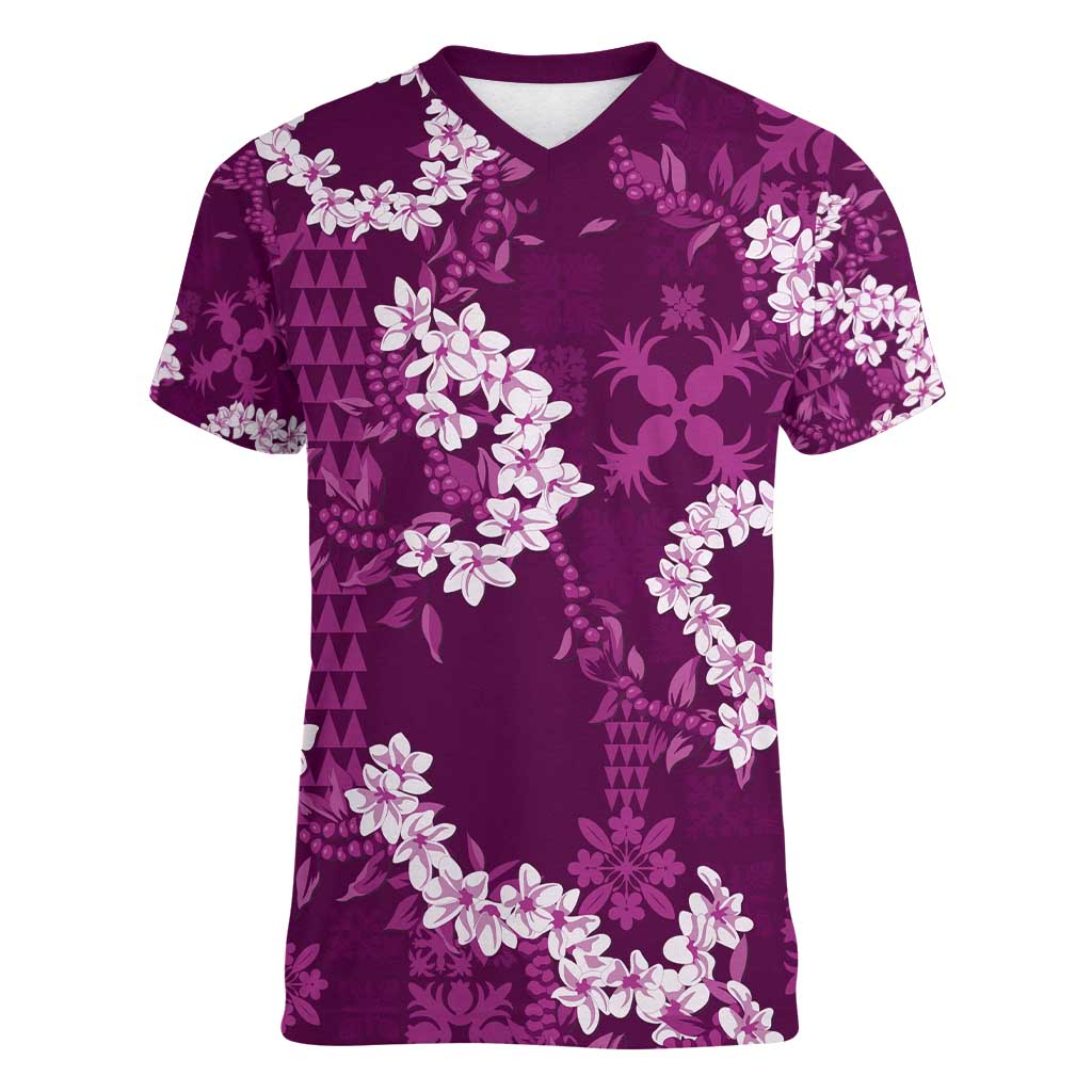 Mokihana Maile and Ilima Leis Women V-Neck T-Shirt Akala Hawaiian Tapa Quilt Pattern LT9 Female Pink - Polynesian Pride