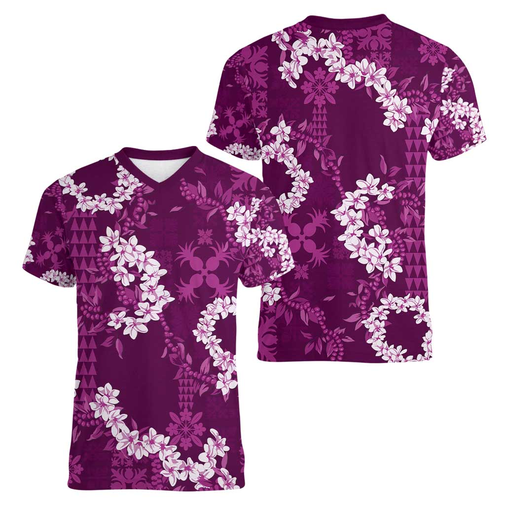 Mokihana Maile and Ilima Leis Women V-Neck T-Shirt Akala Hawaiian Tapa Quilt Pattern LT9 - Polynesian Pride