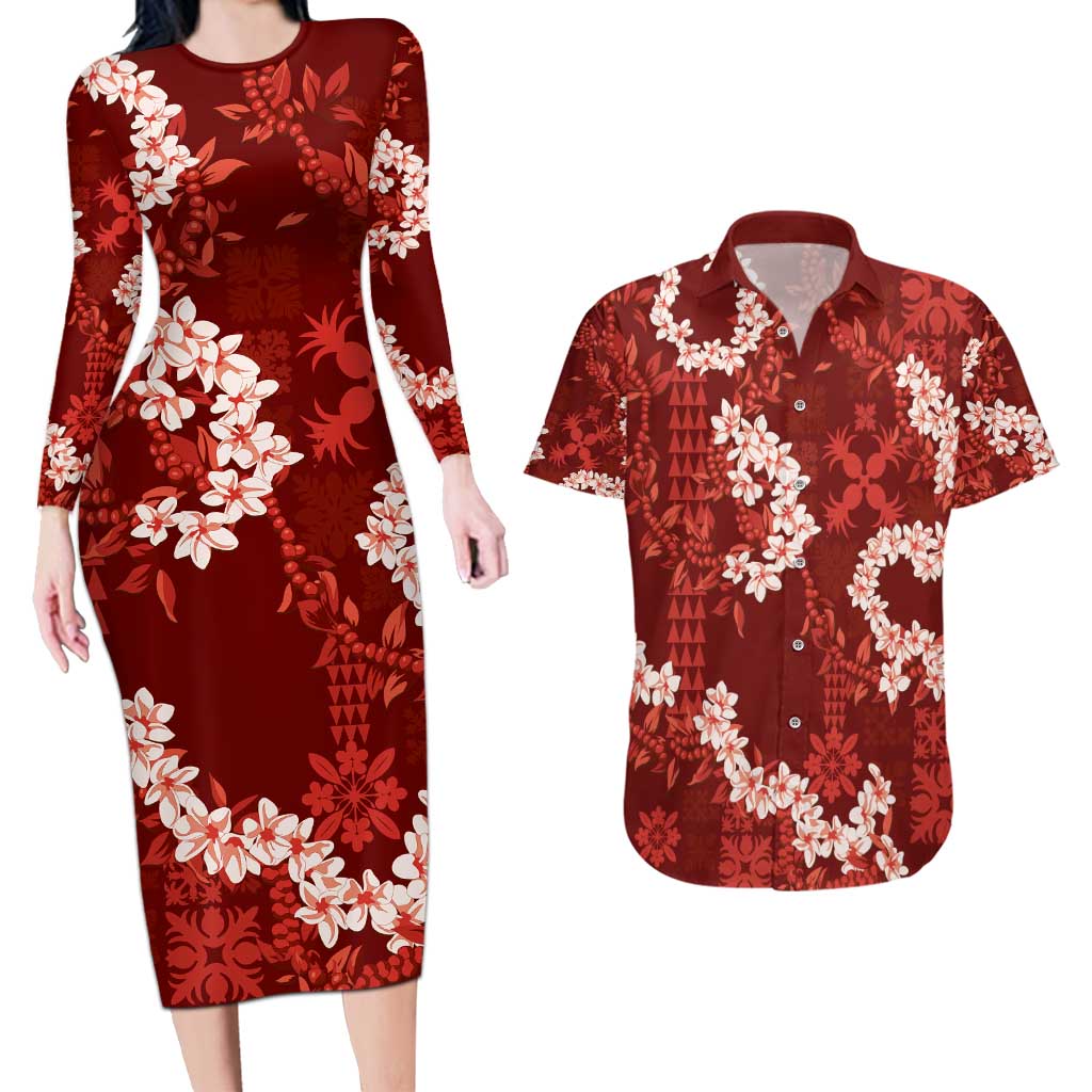 Mokihana Maile and Ilima Leis Couples Matching Long Sleeve Bodycon Dress and Hawaiian Shirt Ulaʻula Hawaiian Tapa Quilt Pattern LT9 Red - Polynesian Pride