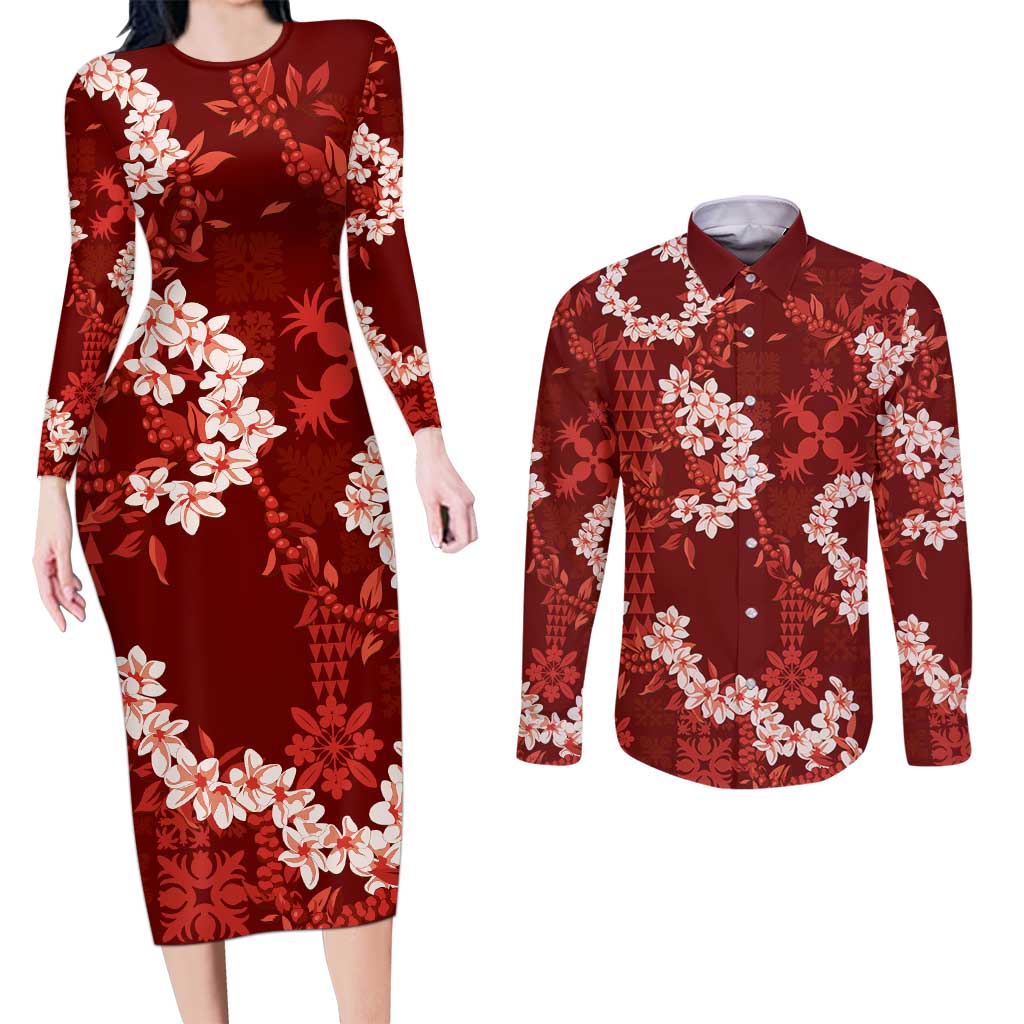 Mokihana Maile and Ilima Leis Couples Matching Long Sleeve Bodycon Dress and Long Sleeve Button Shirt Ulaʻula Hawaiian Tapa Quilt Pattern LT9 Red - Polynesian Pride
