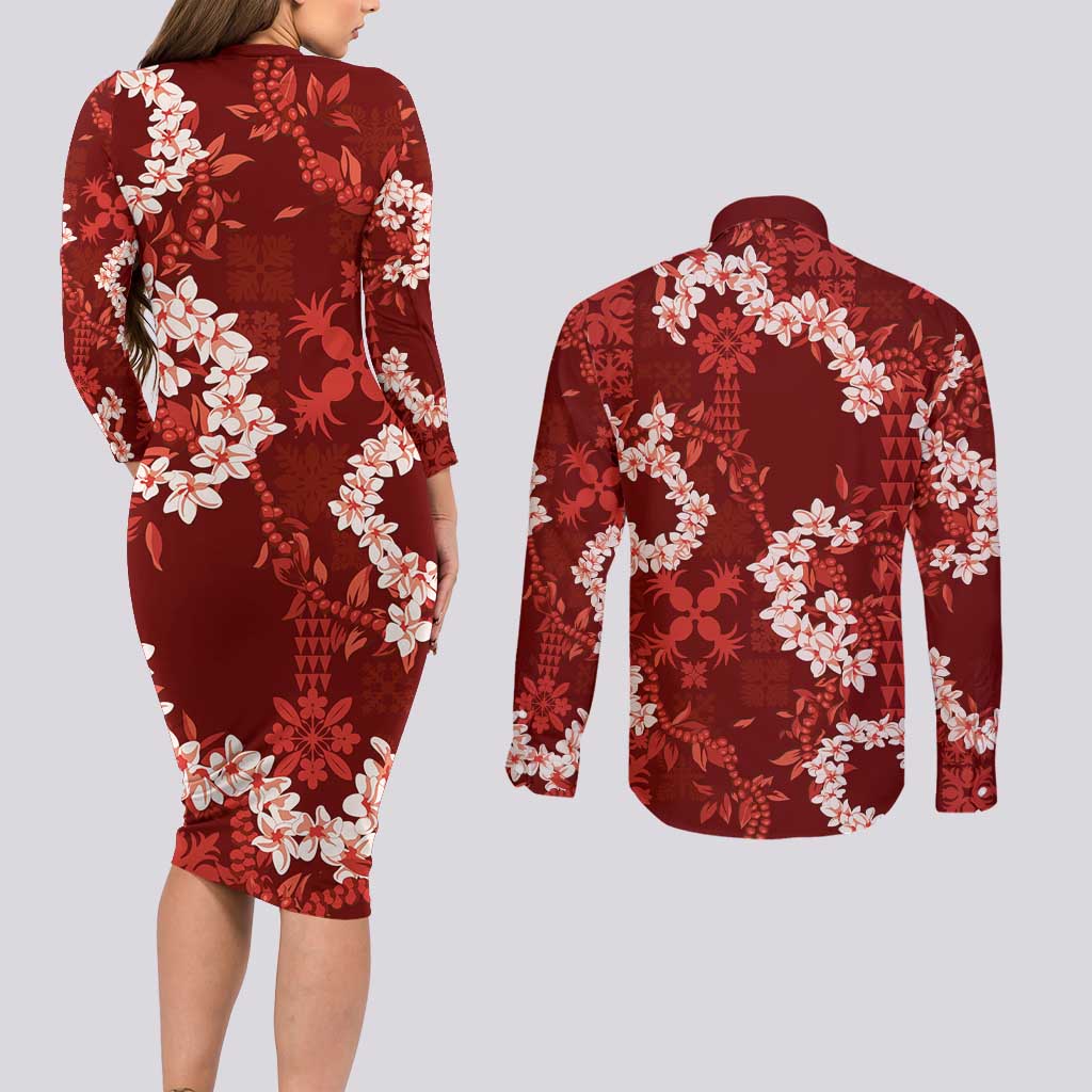 Mokihana Maile and Ilima Leis Couples Matching Long Sleeve Bodycon Dress and Long Sleeve Button Shirt Ulaʻula Hawaiian Tapa Quilt Pattern LT9 - Polynesian Pride