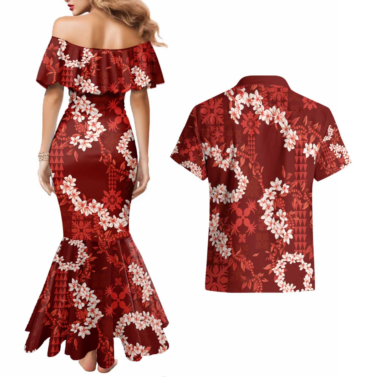 Mokihana Maile and Ilima Leis Couples Matching Mermaid Dress and Hawaiian Shirt Ulaʻula Hawaiian Tapa Quilt Pattern LT9 - Polynesian Pride