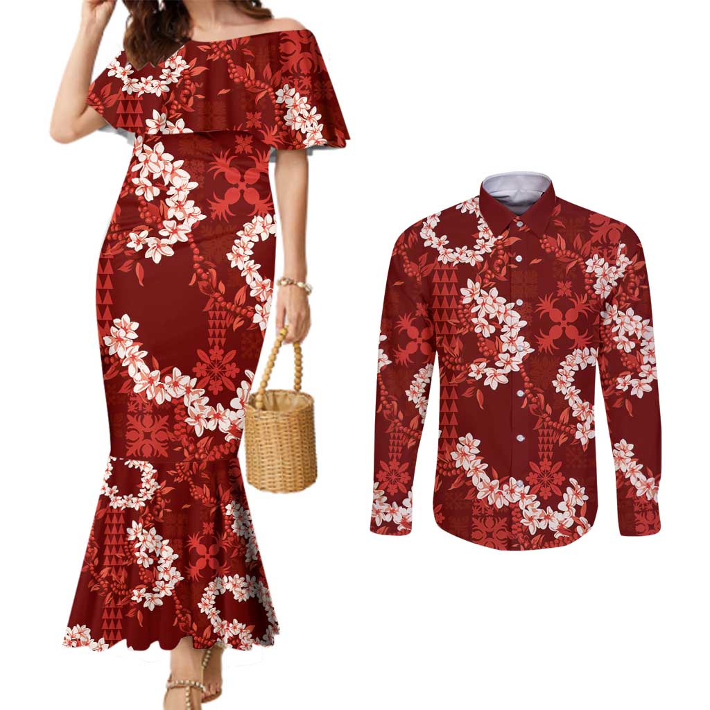 Mokihana Maile and Ilima Leis Couples Matching Mermaid Dress and Long Sleeve Button Shirt Ulaʻula Hawaiian Tapa Quilt Pattern LT9 Red - Polynesian Pride