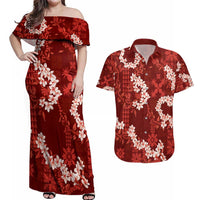 Mokihana Maile and Ilima Leis Couples Matching Off Shoulder Maxi Dress and Hawaiian Shirt Ulaʻula Hawaiian Tapa Quilt Pattern LT9 Red - Polynesian Pride