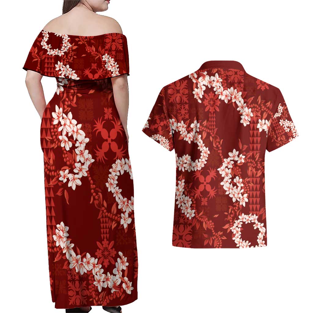 Mokihana Maile and Ilima Leis Couples Matching Off Shoulder Maxi Dress and Hawaiian Shirt Ulaʻula Hawaiian Tapa Quilt Pattern LT9 - Polynesian Pride
