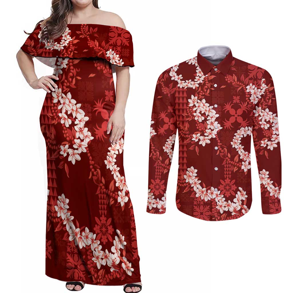 Mokihana Maile and Ilima Leis Couples Matching Off Shoulder Maxi Dress and Long Sleeve Button Shirt Ulaʻula Hawaiian Tapa Quilt Pattern LT9 Red - Polynesian Pride