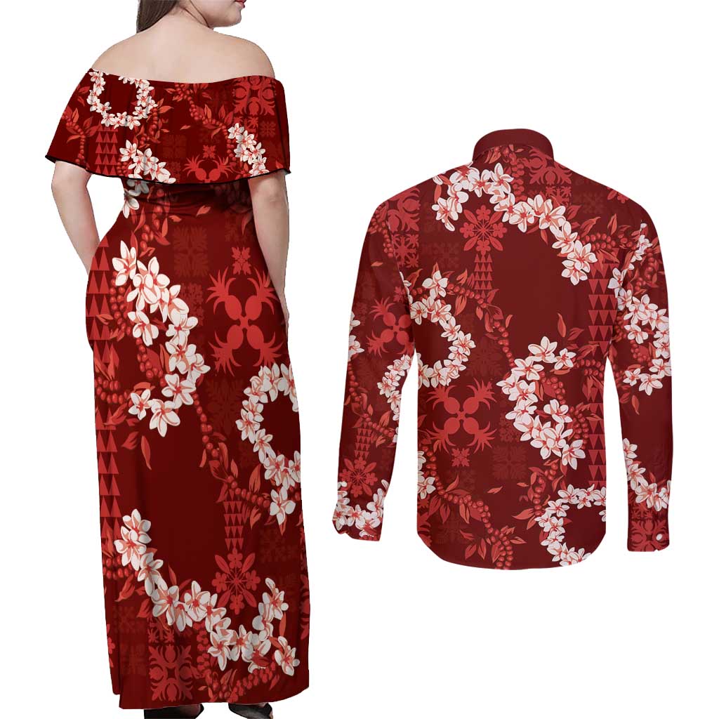 Mokihana Maile and Ilima Leis Couples Matching Off Shoulder Maxi Dress and Long Sleeve Button Shirt Ulaʻula Hawaiian Tapa Quilt Pattern LT9 - Polynesian Pride