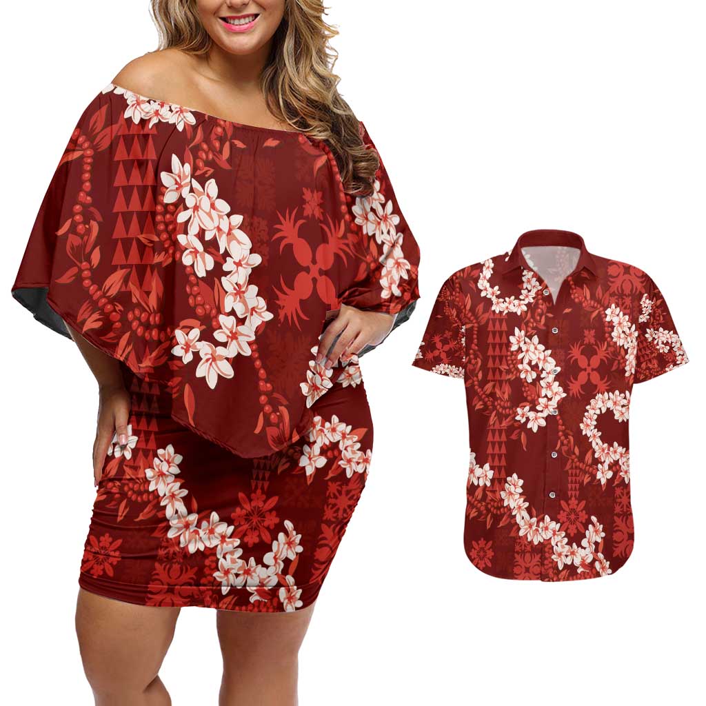 Mokihana Maile and Ilima Leis Couples Matching Off Shoulder Short Dress and Hawaiian Shirt Ulaʻula Hawaiian Tapa Quilt Pattern LT9 Red - Polynesian Pride