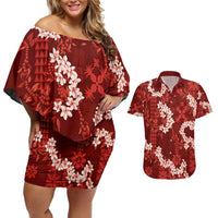 Mokihana Maile and Ilima Leis Couples Matching Off Shoulder Short Dress and Hawaiian Shirt Ulaʻula Hawaiian Tapa Quilt Pattern LT9 Red - Polynesian Pride