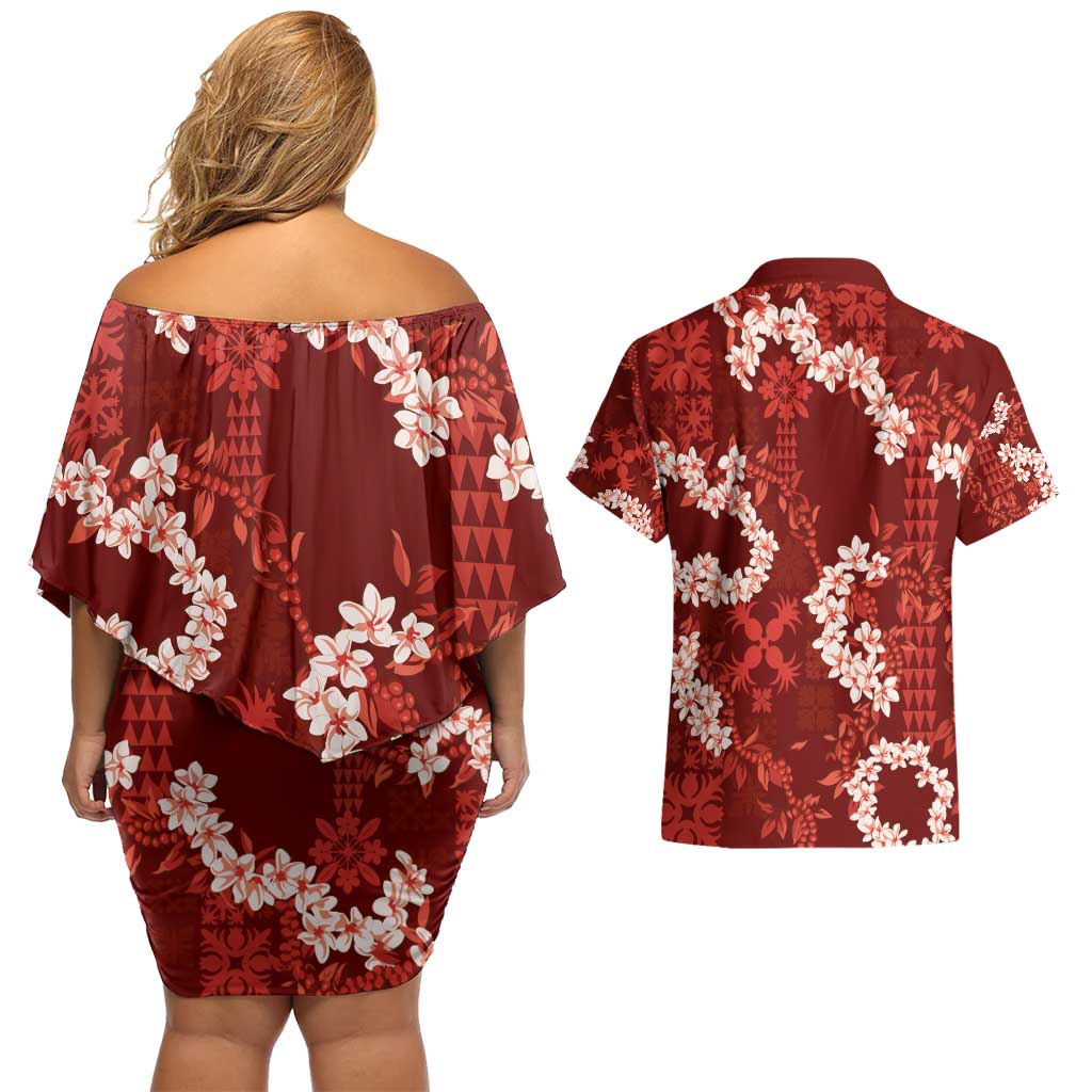 Mokihana Maile and Ilima Leis Couples Matching Off Shoulder Short Dress and Hawaiian Shirt Ulaʻula Hawaiian Tapa Quilt Pattern LT9 - Polynesian Pride